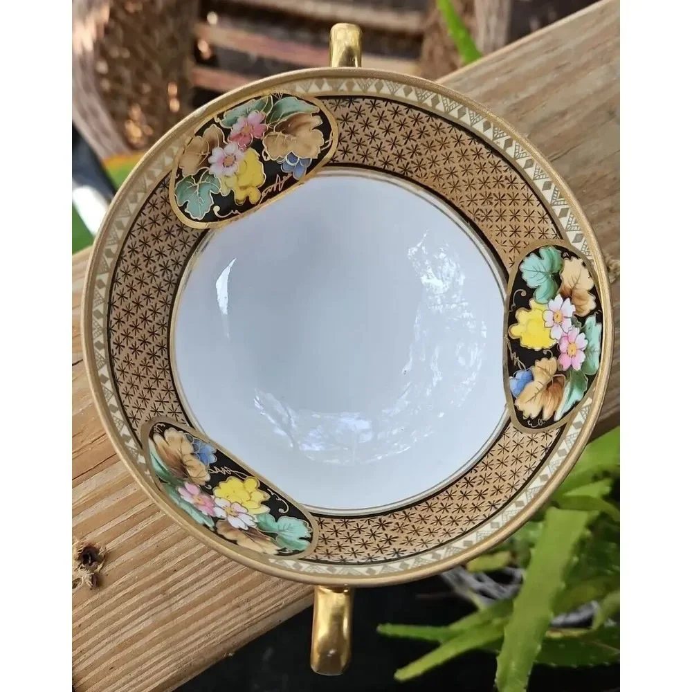 Hand Painted Nippon BLACK‎ GOLD Floral Footed ART DECO Berry Bowl Morimura